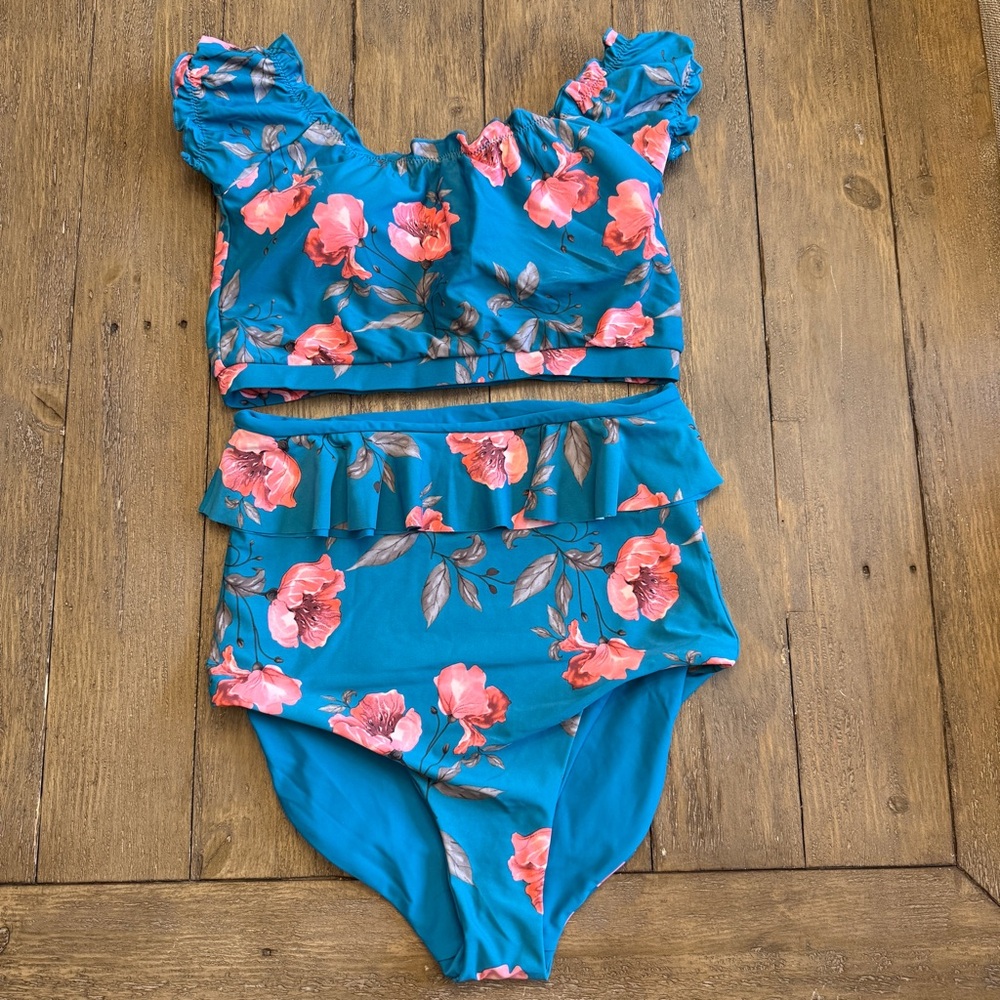 Elegant Floral Bikini Set in Teal and Coral